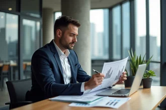 Entrepreneur en costume marine consultant des plans immobiliers et un tableau de bord numérique sur ordinateur portable dans un bureau moderne avec vue sur la ville