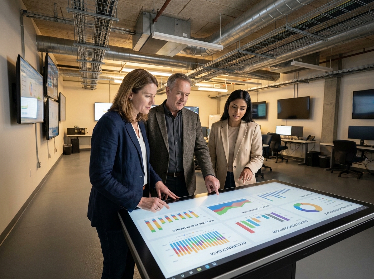Équipe de gestionnaires d'actifs immobiliers analysant des tableaux de bord de performance d'immeuble sur écran tactile dans un centre opérationnel
