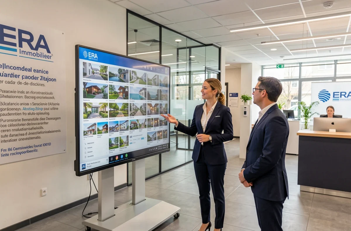Agente ERA Immobilier présentant un portefeuille international sur écran tactile à des clients dans le 92