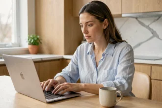 Femme obtenant une estimation d'assurance logement en ligne depuis son ordinateur portable dans une cuisine moderne