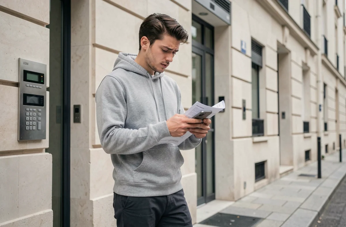 Jeune étudiant devant un immeuble locatif tenant un dossier de location, cherchant une solution de caution