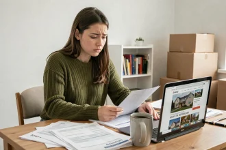 Étudiante consultant des documents de location d'appartement à son bureau pour trouver une solution de caution sans garant