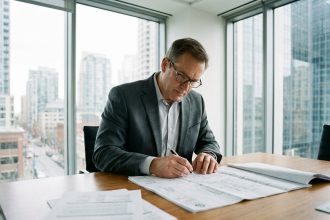 Expert immobilier en costume analysant des documents de patrimoine d'entreprise dans une salle de conférence moderne avec vue sur la ville