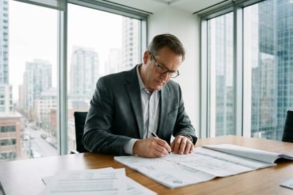 Expert immobilier en costume analysant des documents de patrimoine d'entreprise dans une salle de conférence moderne avec vue sur la ville