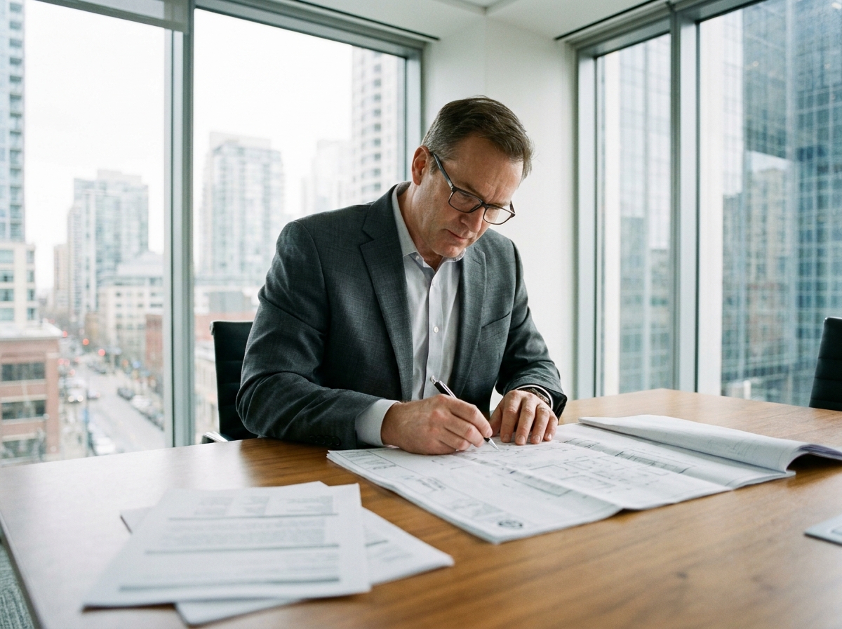 Expert immobilier en costume analysant des documents de patrimoine d'entreprise dans une salle de conférence moderne avec vue sur la ville