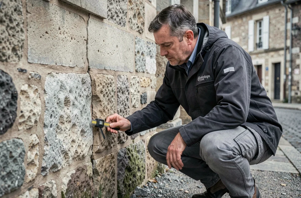 Expert EX'IM inspectant une fissure dans la fondation en pierre d'un bâtiment ancien avec un calibre de fissure