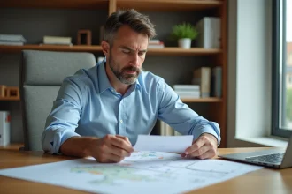 Expatrié consultant des documents immobiliers depuis son bureau à l'étranger pour un investissement locatif à Lyon