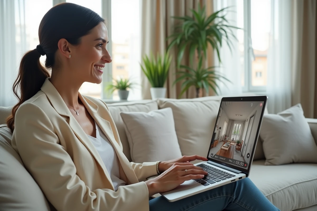 Femme expatriée en visioconférence avec un agent immobilier pour un investissement à Lyon depuis son domicile à l'étranger