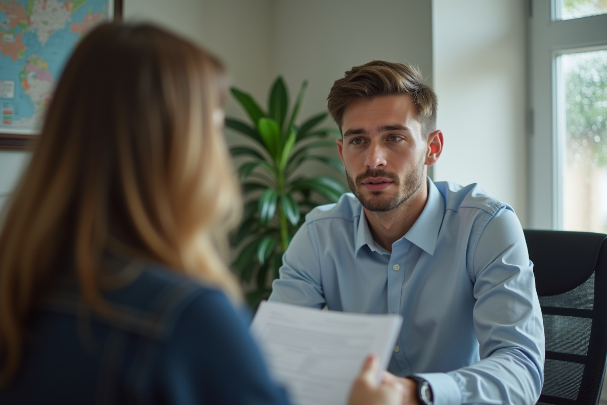 Expert en assurance discutant avec un résident dans un bureau
