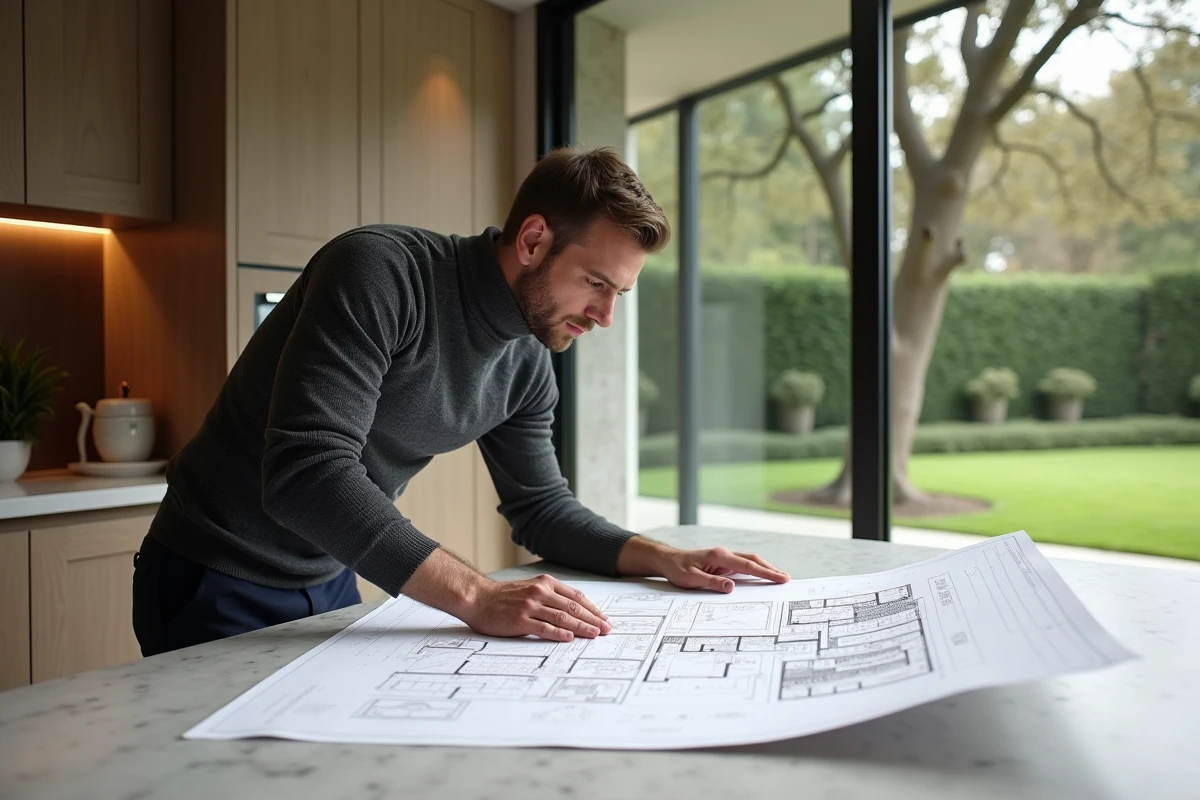 Expert immobilier étudiant les plans d'une villa contemporaine de luxe lors d'une estimation