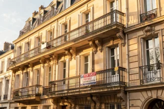 Façade d'un immeuble résidentiel avec un panneau à vendre