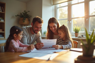 Famille heureuse examinant des contrats d'assurance à la maison