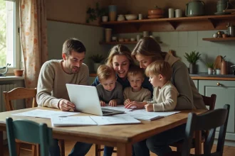 Famille nombreuse dans le Nord consultant des annonces de location sur un ordinateur portable autour d'une table de cuisine