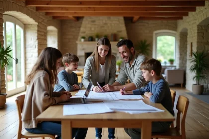 Famille recomposée étudiant des plans de maison à louer dans l'Eure autour d'une grande table en bois