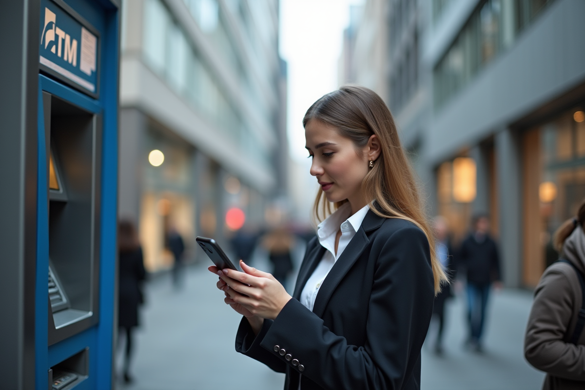 Jeune femme d affaires vérifiant son application bancaire dans la rue