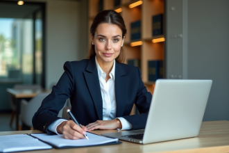 Femme d'affaires en pleine rédaction de formulaires juridiques