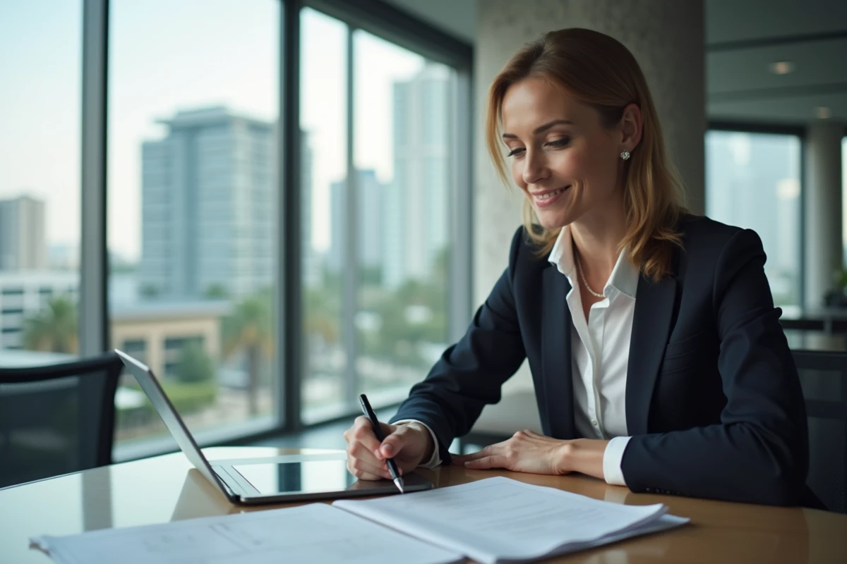 Femme d'affaires confiante examinant des documents immobiliers