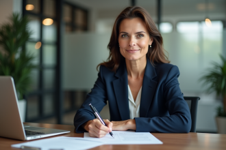 Femme d'affaires en costume assise à son bureau moderne