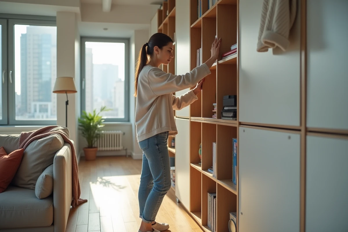 Femme ajustant une étagère dans un studio urbain moderne