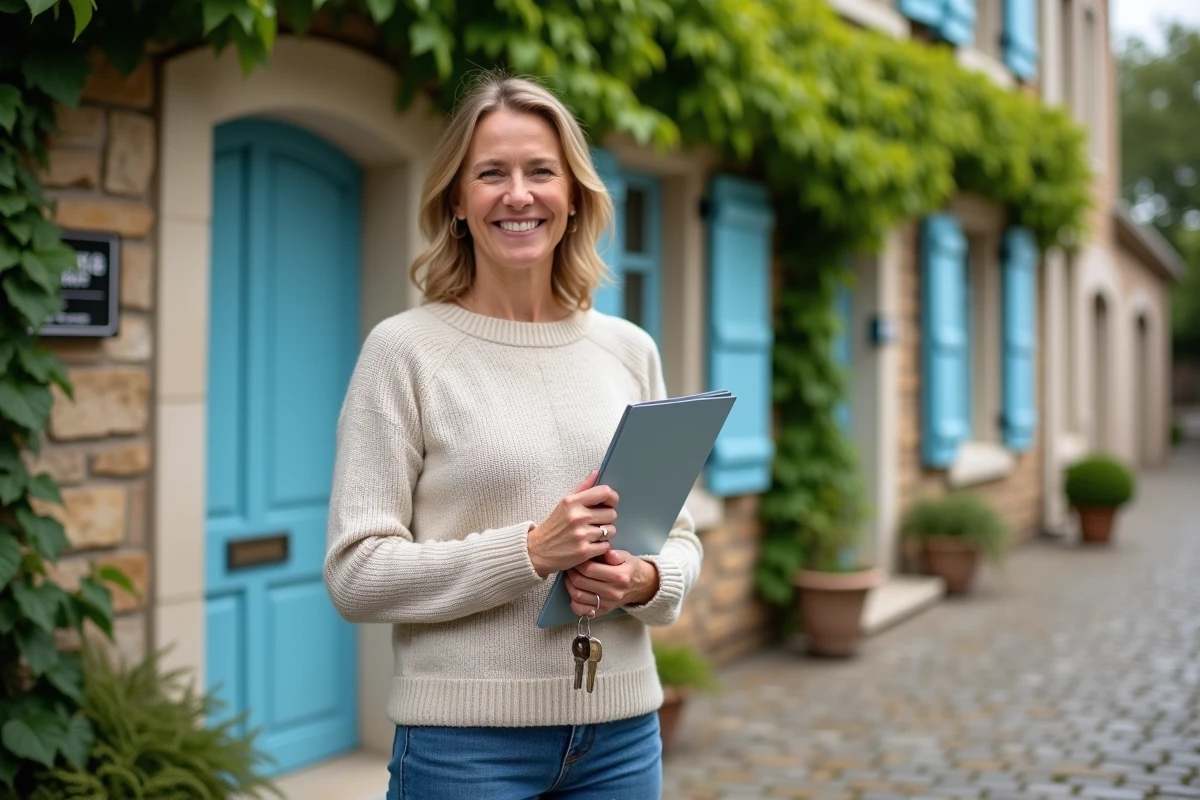 Femme souriante devant maison en pierre avec volets bleus