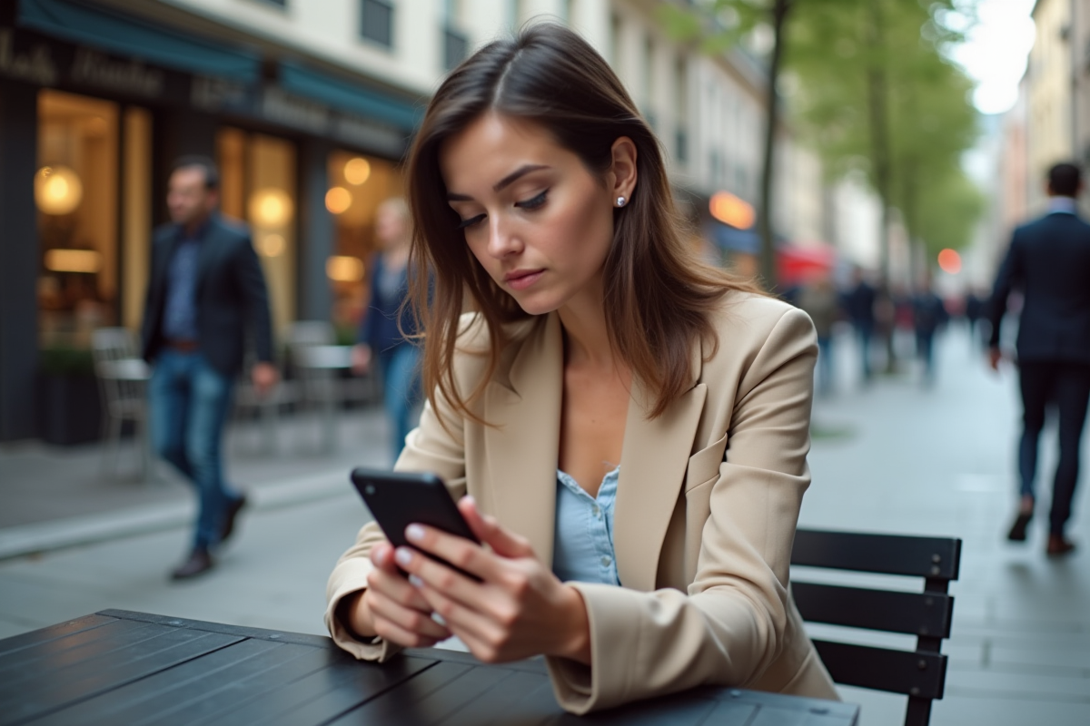 Jeune femme regardant son smartphone dans un café urbain