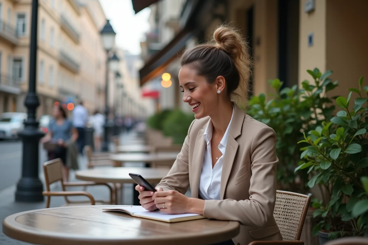 Femme souriante avec smartphone dans un café en ville