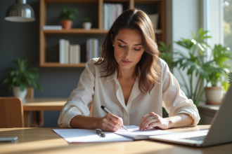 Femme concentrée en train de calculer à la maison