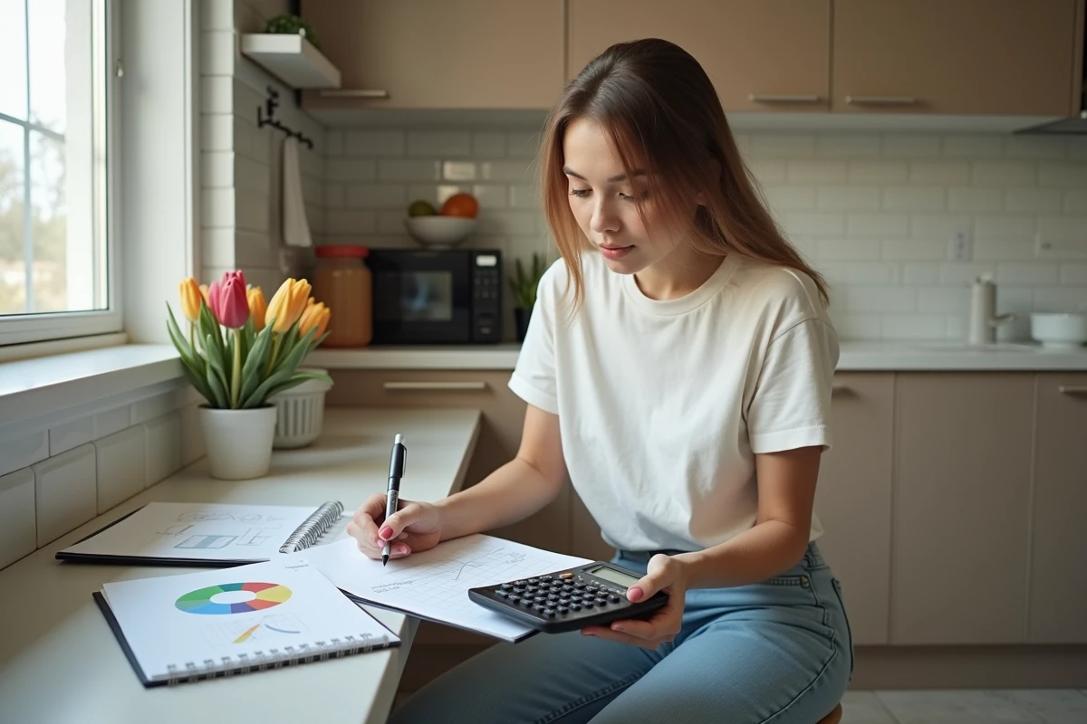 Jeune femme calculant la surface avec un carnet et une calculatrice