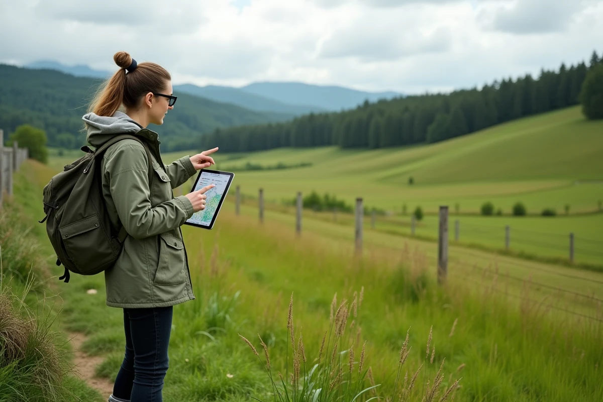 Jeune femme consultant une carte topographique sur tablette au bord d'un pré de 50 hectares en zone rurale