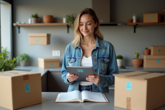 Femme avec tablette et cartons pour changement d'adresse