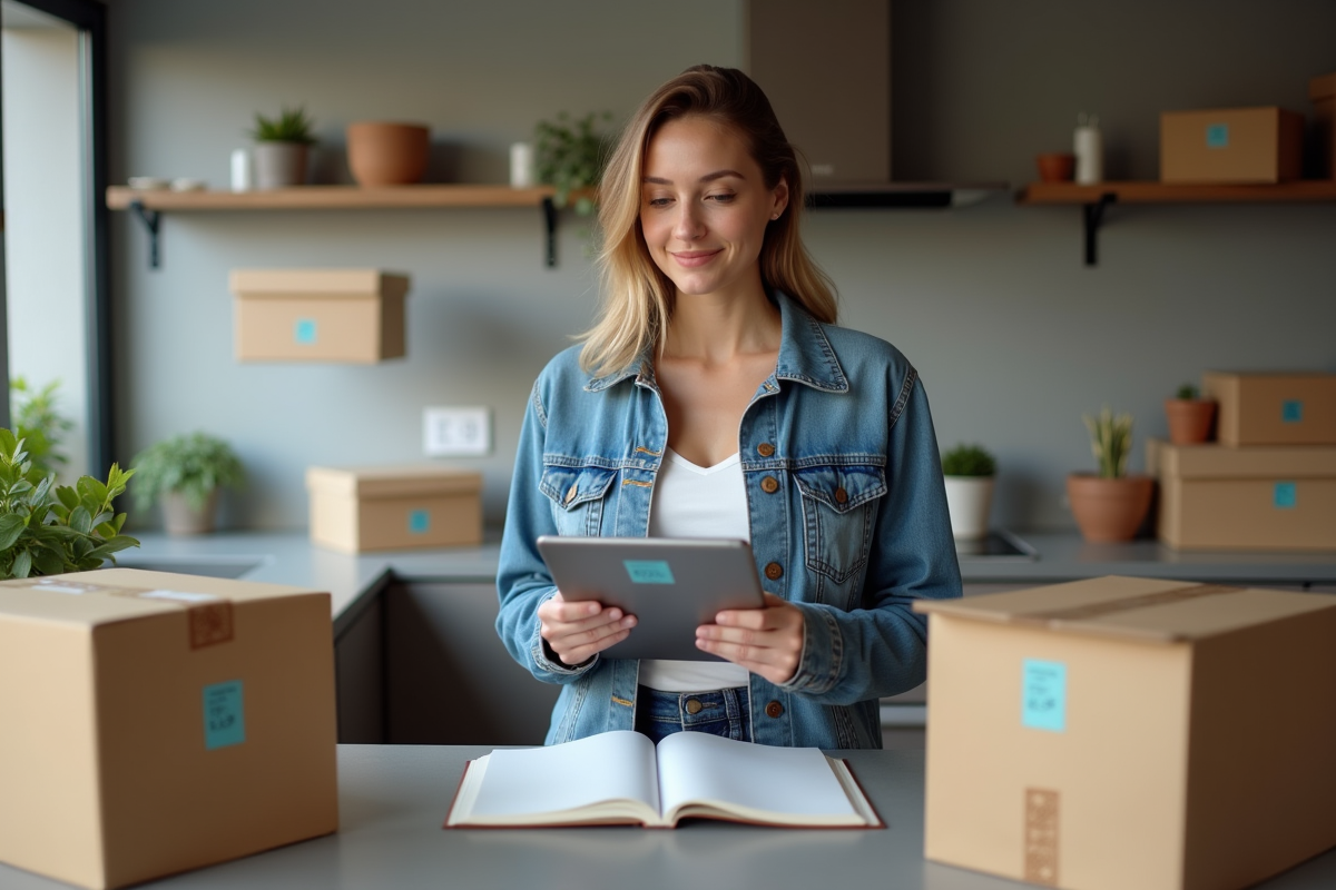 Femme avec tablette et cartons pour changement d'adresse