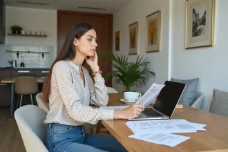 Femme regardant un contrat de location dans un appartement moderne