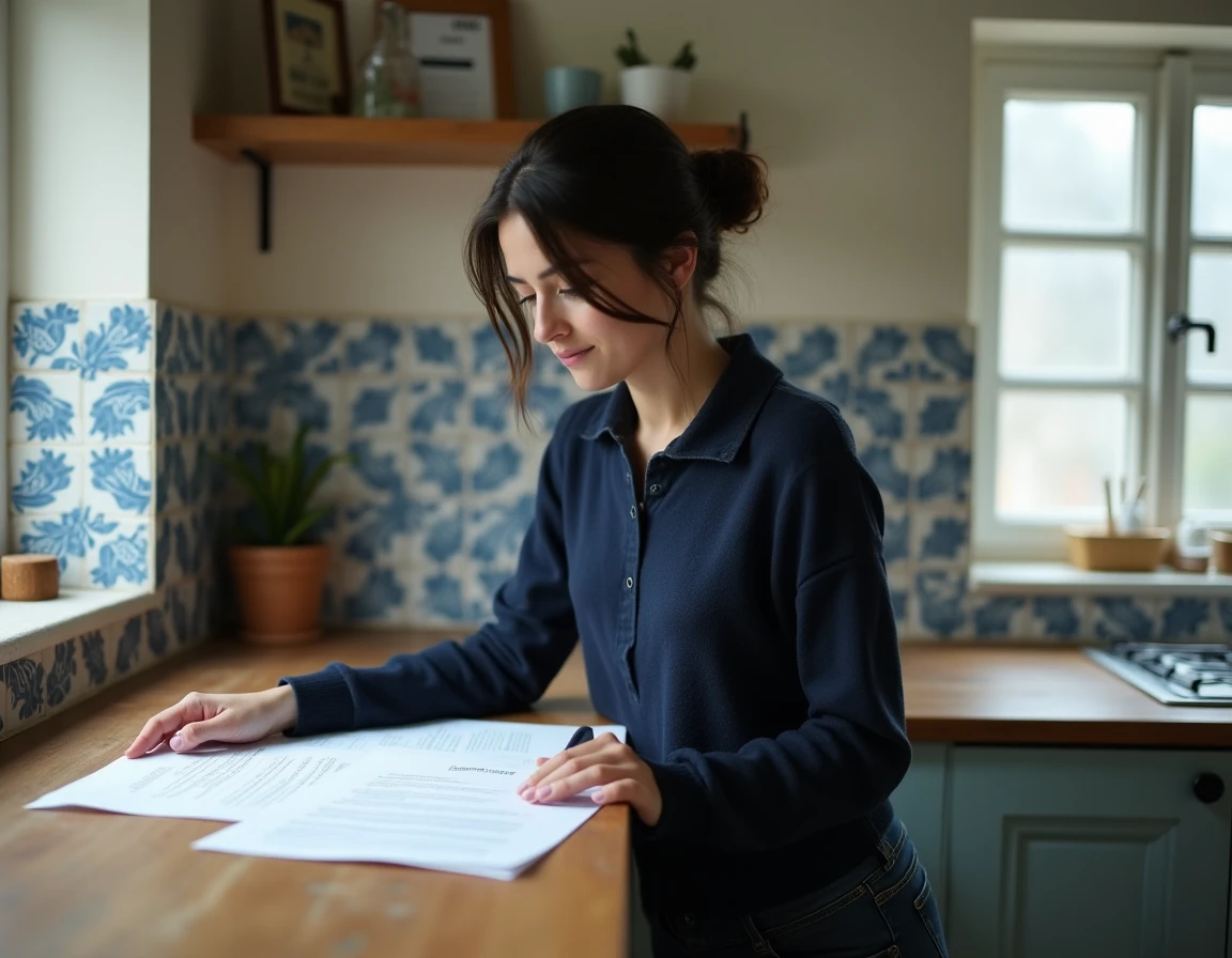 Femme consultant un contrat de location dans une cuisine d'appartement breton à Concarneau, comparant bail saisonnier et longue durée
