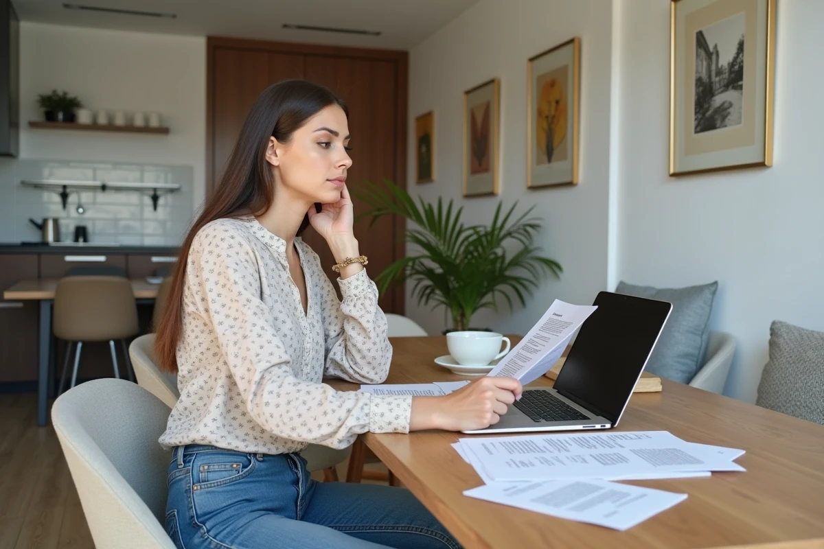 Femme regardant un contrat de location dans un appartement moderne