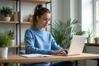 Femme créant un compte sur un ordinateur portable dans un bureau lumineux