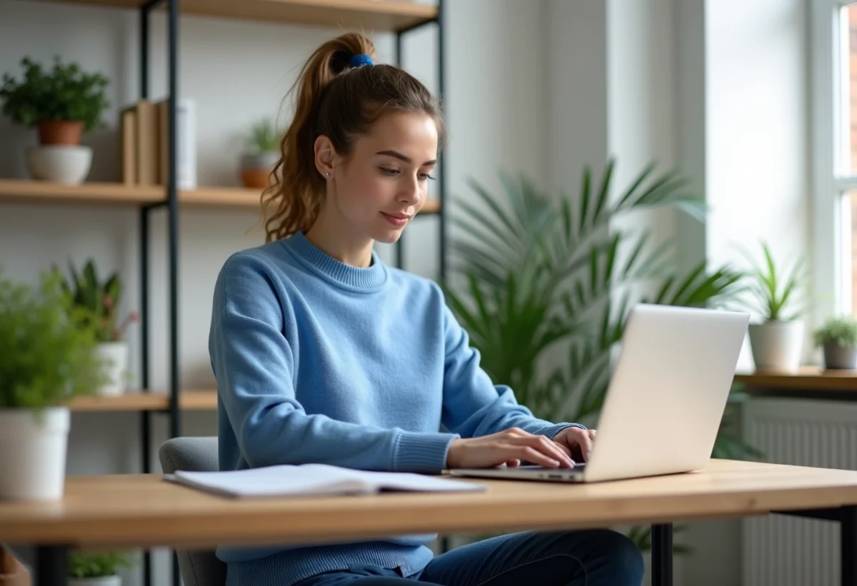 Femme créant un compte sur un ordinateur portable dans un bureau lumineux