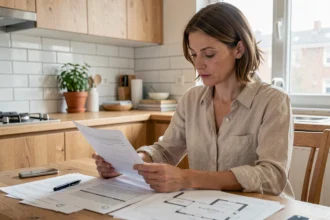 Femme consultant des documents d'assurance habitation à une table de cuisine avec plan d'appartement