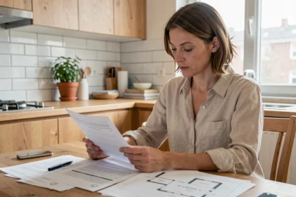 Femme consultant des documents d'assurance habitation à une table de cuisine avec plan d'appartement