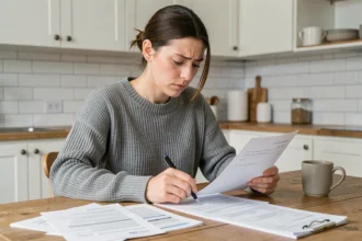Femme consultant des documents d'assurance habitation à la table de cuisine sans premier versement