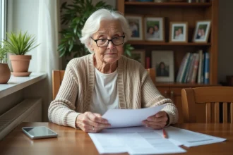 Femme âgée lisant des documents de location dans un appartement