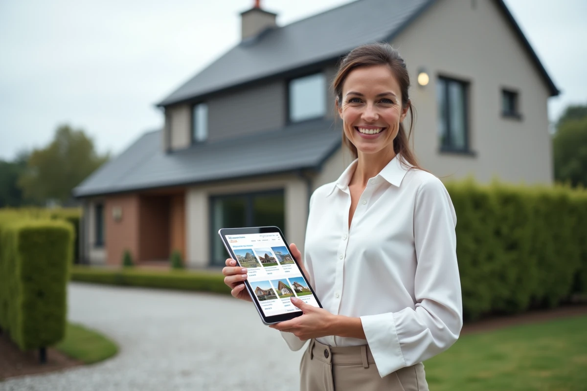 Femme entrepreneur devant une propriété résidentielle tenant une tablette affichant un site immobilier, articulant stratégie digitale et investissement immobilier
