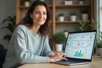 Femme utilisant l'espace client MyFoncia sur un ordinateur portable dans un bureau à domicile moderne