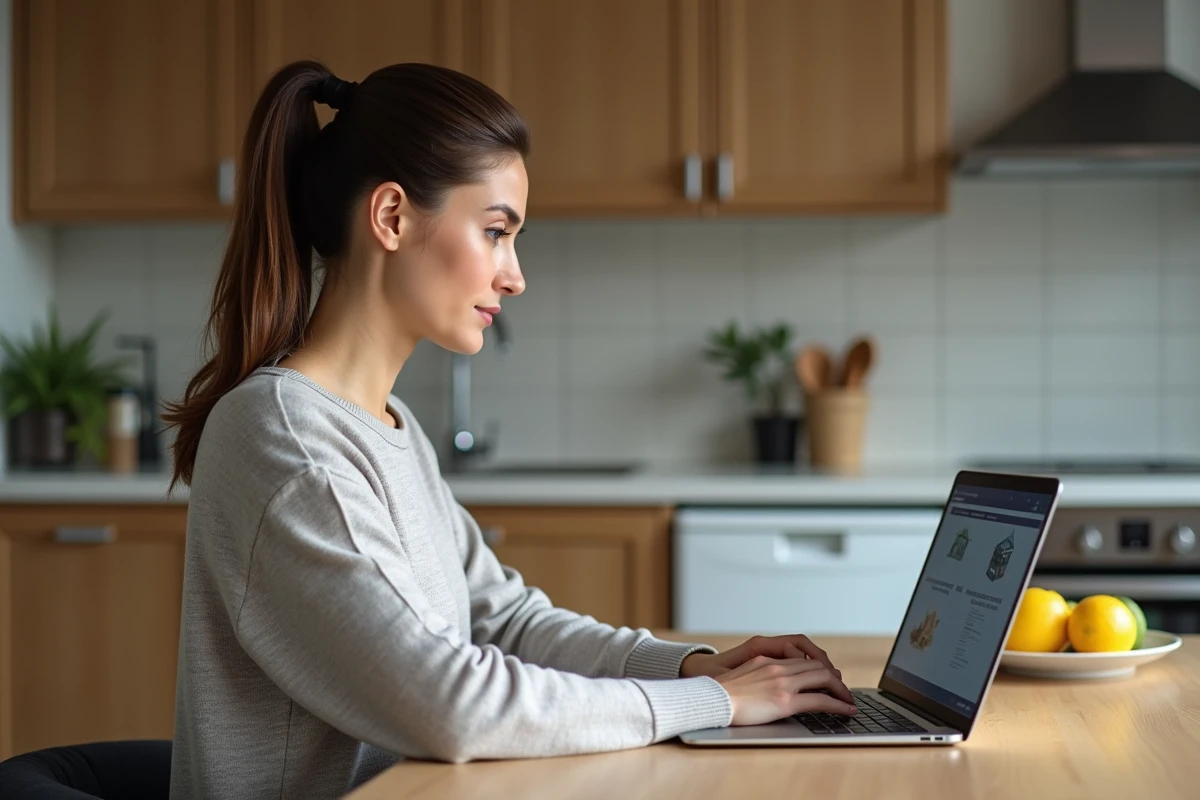 Femme concentrée utilisant un ordinateur pour estimation immobilière