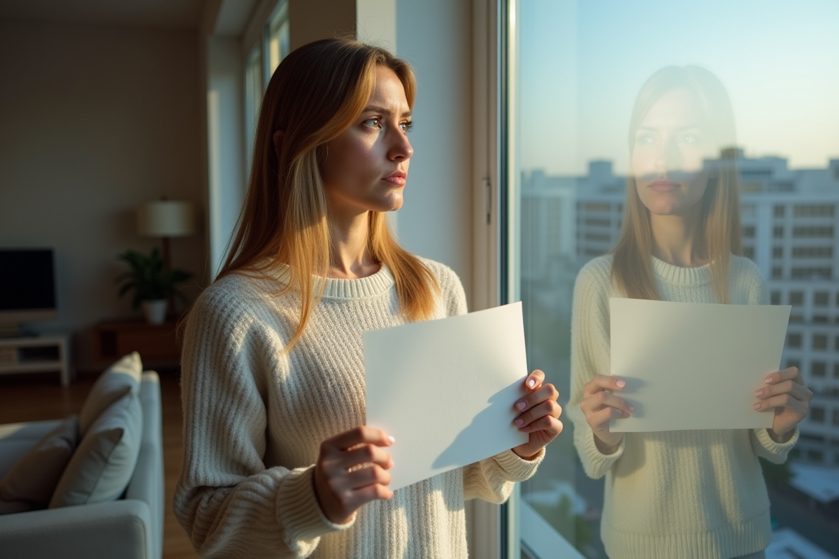 Femme regardant par la fenêtre avec un avis d