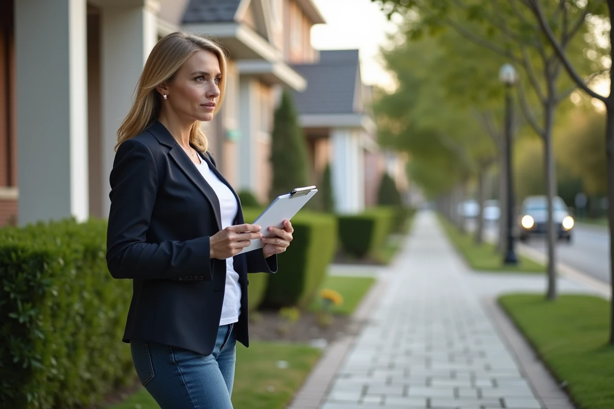 Femme professionnelle examine la façade d'une maison en banlieue