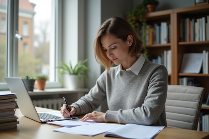 Femme d'âge moyen remplissant un formulaire officiel dans un bureau moderne