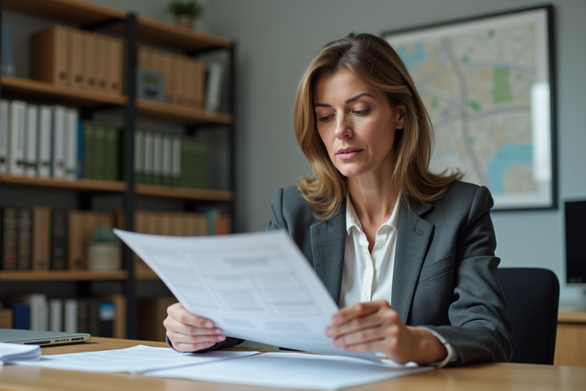 Femme d'âge moyen examinant des documents immobiliers à la mairie
