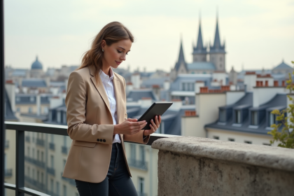 Femme confiante regardant plans immobiliers sur tablette à Paris
