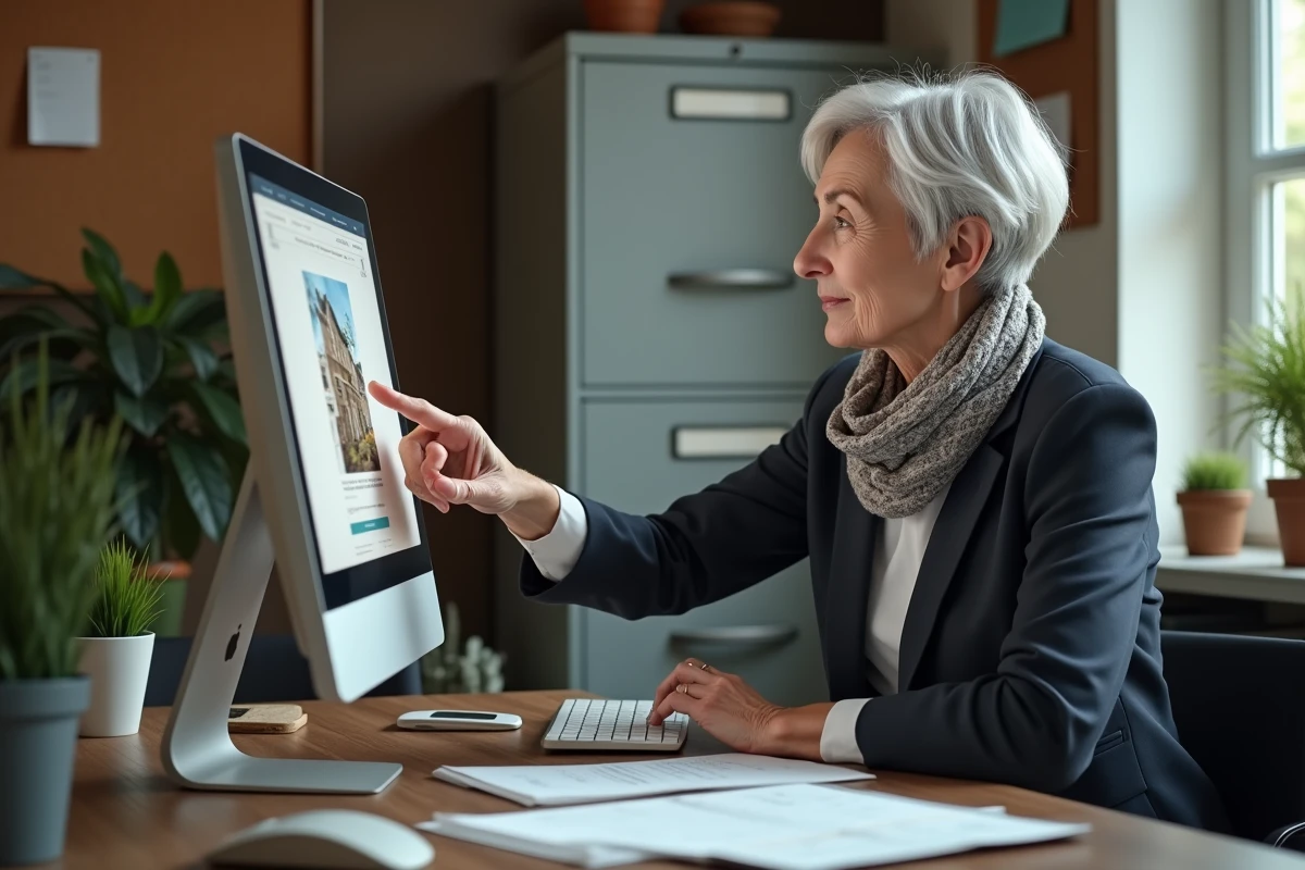 Femme âgée pointant annonce immobilière sur ordinateur