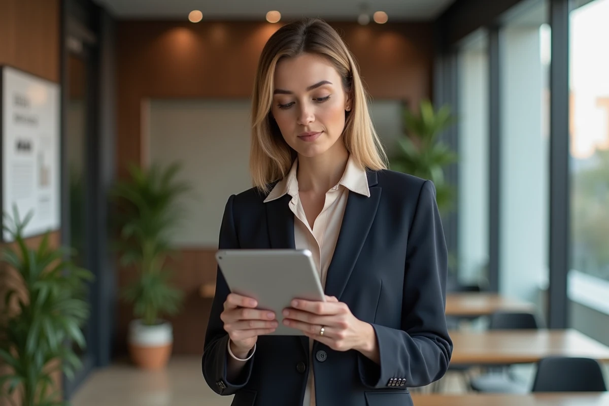 Femme confiante en bureau moderne avec tablette et decor chic